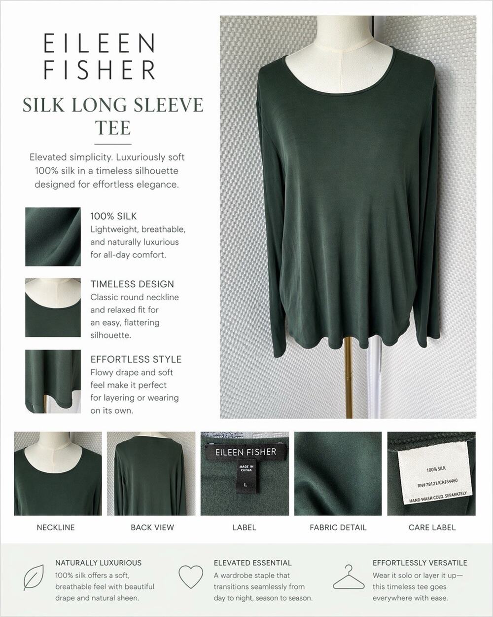 Eileen Fisher Women's Long Sleeve Crewneck Top Ivy Green Size Large